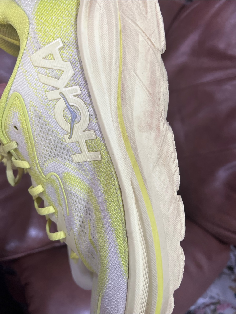 Hoka Clifton 10 Neon Yellow and Cream Road Running Shoes Size 14D - Picture 9 of 12